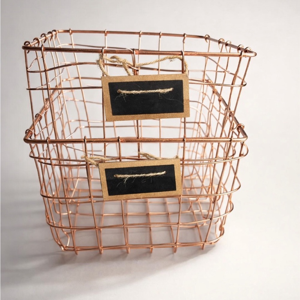 Rose Gold Wire Baskets (2) with chalkboard label